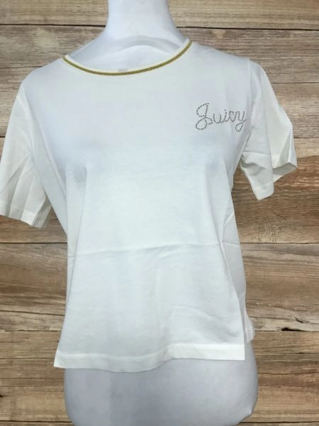 Juicy Couture Cream Cropped T-Shirt with Gold Beaded Logo Design