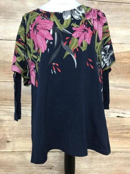 BonPrix Collection Navy and Floral Scrunch Sleeve T-Shirt