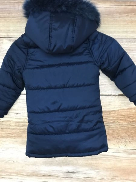 French Connection Navy Quilted Parka Coat with Faux Fur Hood