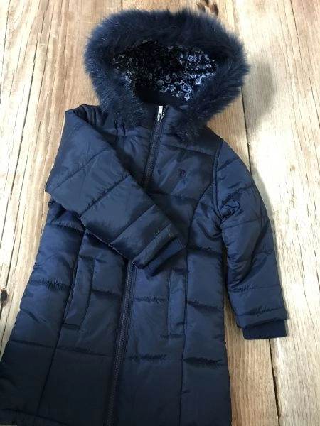 French Connection Navy Quilted Parka Coat with Faux Fur Hood
