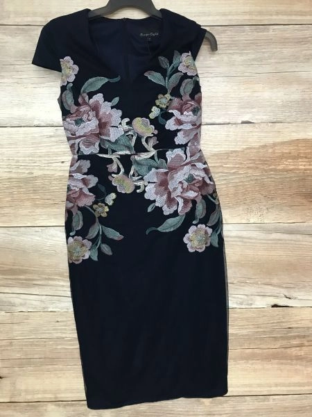 Phase Eight Navy Nara Dress with Embroidered Floral Design