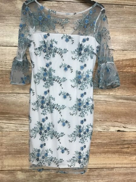 Adrianna Papell Champagne White Lined Dress with Blue Floral Outer Layer