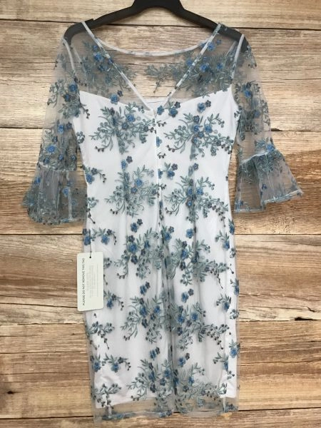 Adrianna Papell Champagne White Lined Dress with Blue Floral Outer Layer
