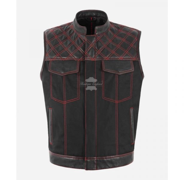 Men's Leather Biker Waistcoat Cordura Black Red Stitching Quilted SOA Vest