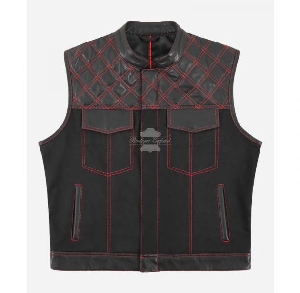 Men's Leather Biker Waistcoat Cordura Black Red Stitching Quilted SOA Vest