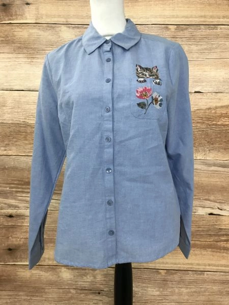 Cath Kidston Blue Cat Embroidered Long Sleeve Shirt