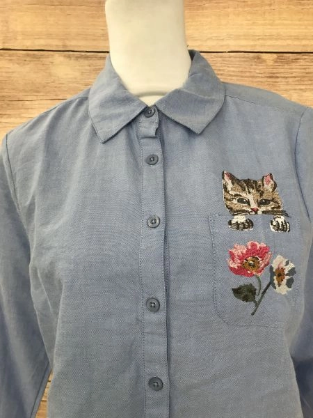 Cath Kidston Blue Cat Embroidered Long Sleeve Shirt