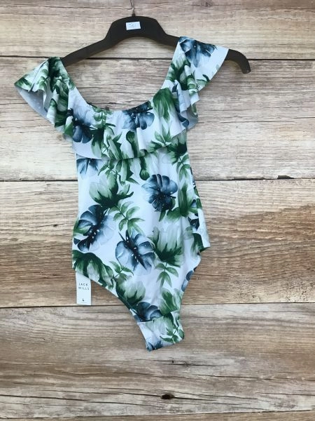 Jack Wills Green and White Harrow Frill Swimsuit