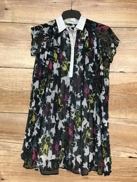 French Connection Black Pleated Layered Dress with Colour Flower Print