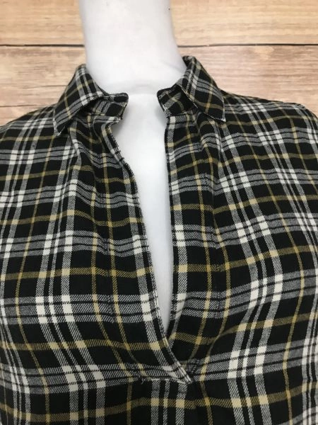 French Connection Black and Yellow Check Long Sleeve Drop Hem Shirt