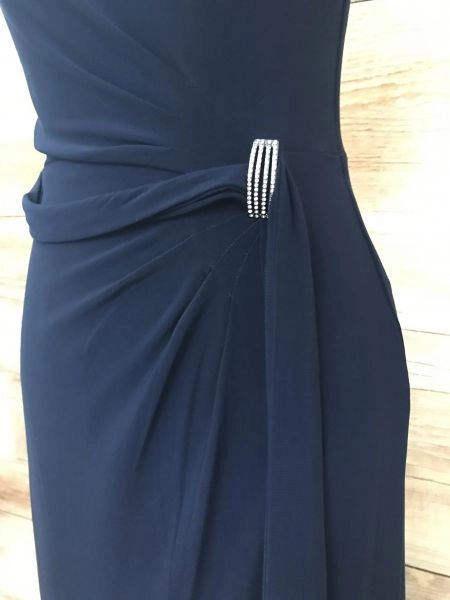 Ralph Lauren Navy Full Length Gown with Silver Broach Detail at Waist