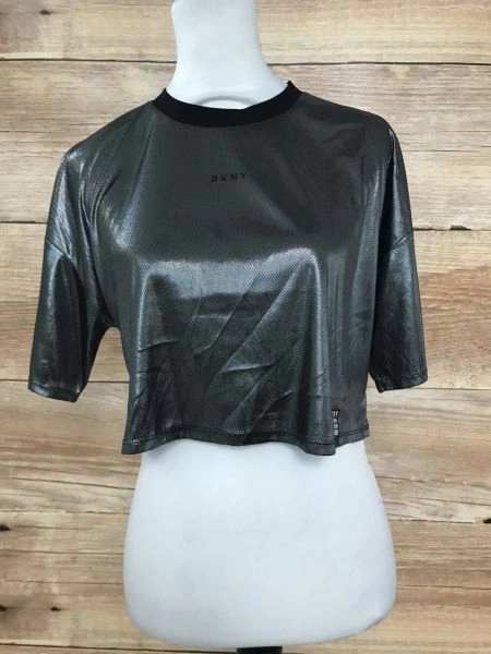 DKNY Black and Silver Short Sleeve Cropped Top