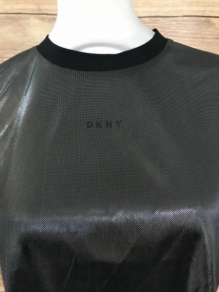DKNY Black and Silver Short Sleeve Cropped Top