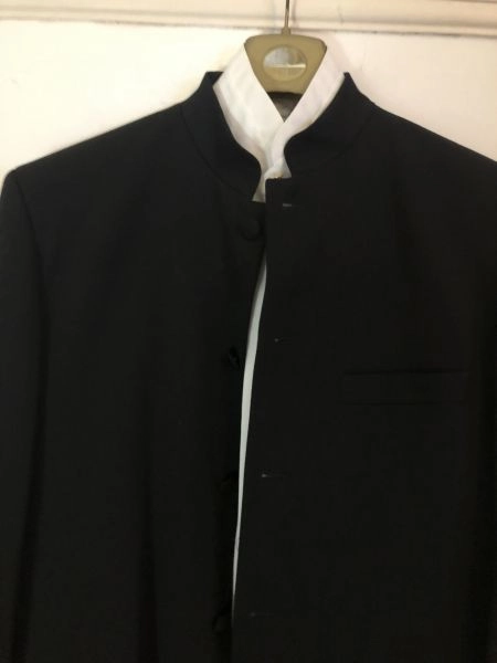 Smart long black jacket and grandad collared shirt