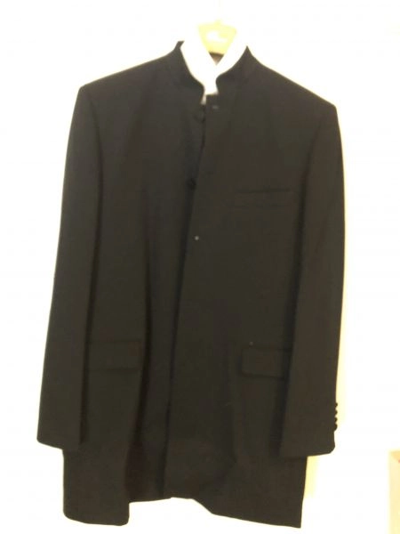 Smart long black jacket and grandad collared shirt