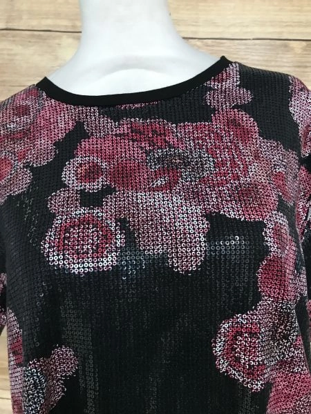 DKNY Black and Floral Sequined Short Sleeve Top