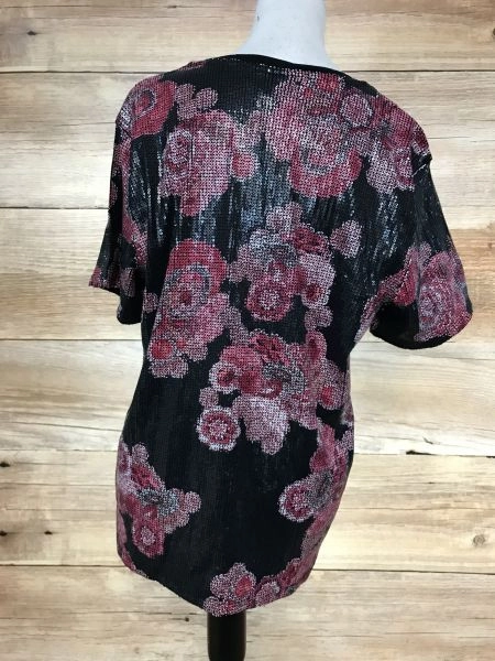 DKNY Black and Floral Sequined Short Sleeve Top