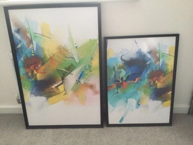 Set of 2 abstract prints in a wooden frame.