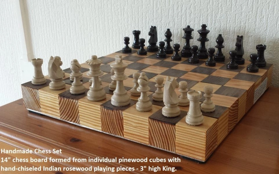 Handmade chessboard and playing pieces