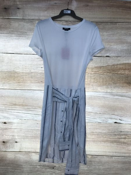 DKNY White and Blue T-Shirt Dress with Button Skirt Detail