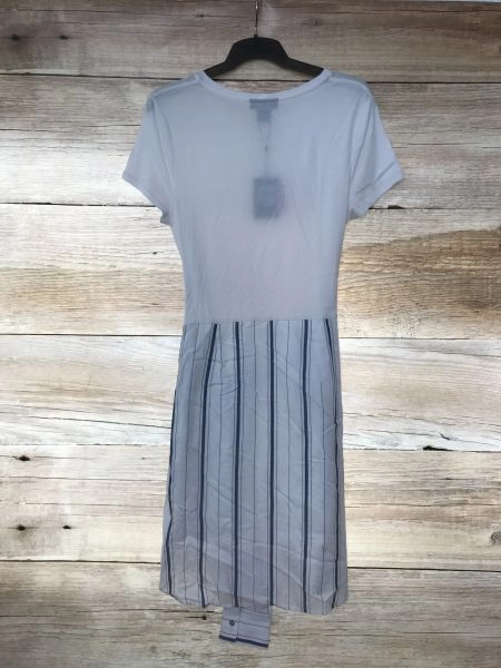 DKNY White and Blue T-Shirt Dress with Button Skirt Detail