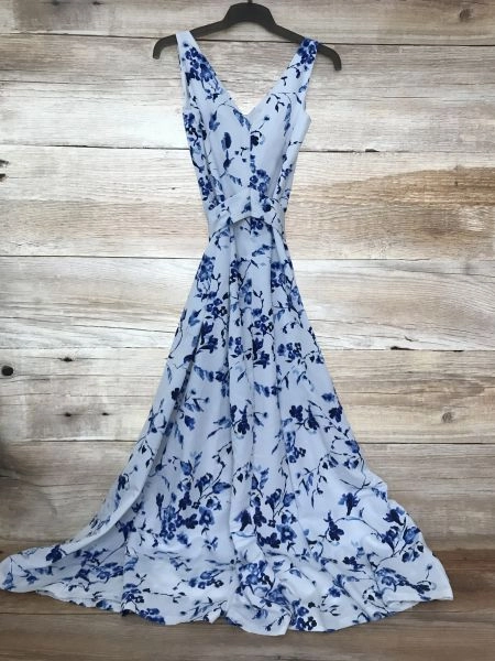 Ralph Lauren White and Floral Blue Floor Length Sleeveless Dress