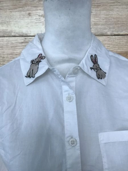 Cath Kidston White Long Sleeve Shirt with Embroidered Rabbit Design on Collar