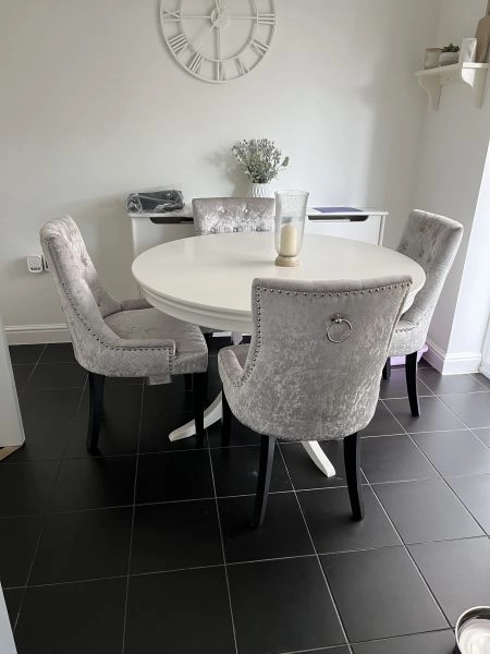 White dining table and 4 silver velvet chairs