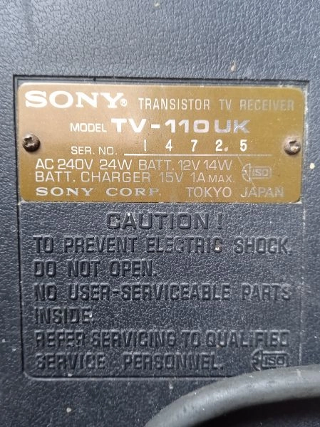Vintage Sony TV-110 UK Black & White TV 240 & 12v