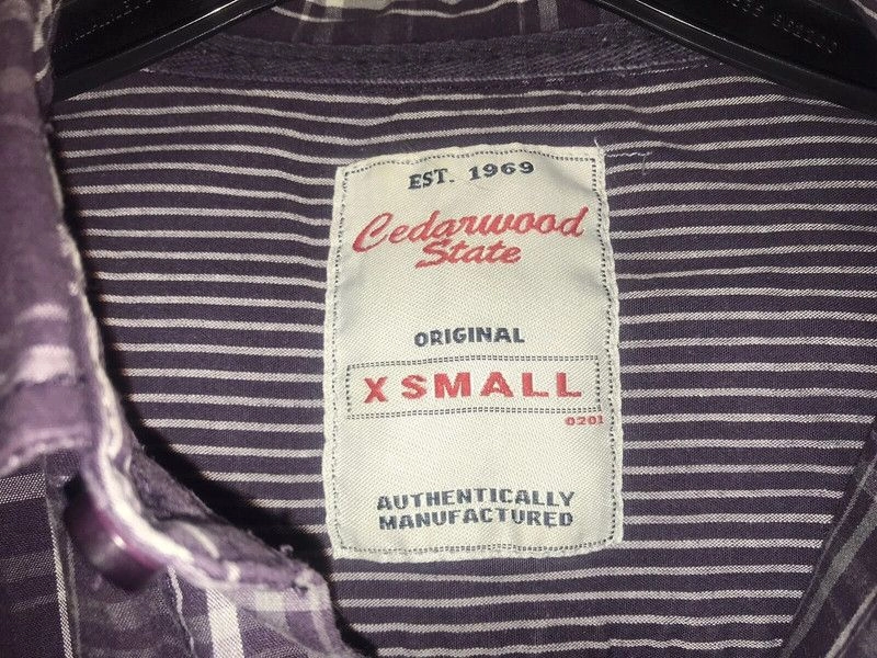 Men’s 100% Cotton Purple Plaid Long Sleeved Shirt By ‘Cedarwood State’ Size XS