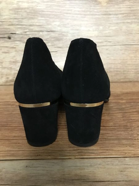 Kaleidoscope Black with gold trim on heel Block Heel Court Shoes