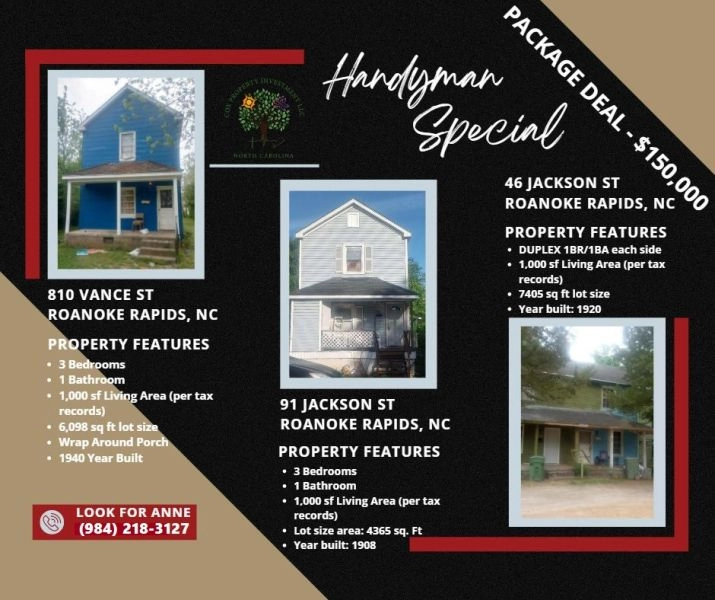 3 Houses in Roanoke Rapids NC - Landlord Special - $150,000