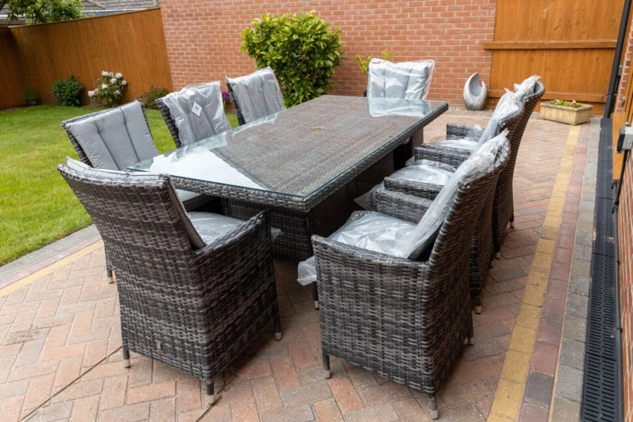 'BLUE DIAMOND' Rattan Patio / Garden Dining Table & 8 Luxurious Chairs - Premium Quality Outdoor Furniture