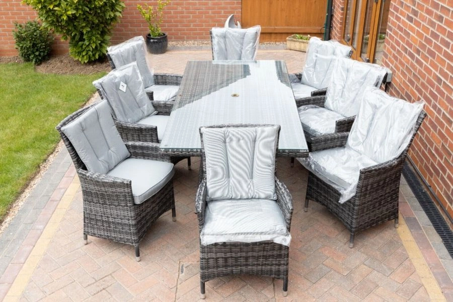 'BLUE DIAMOND' Rattan Patio / Garden Dining Table & 8 Luxurious Chairs - Premium Quality Outdoor Furniture