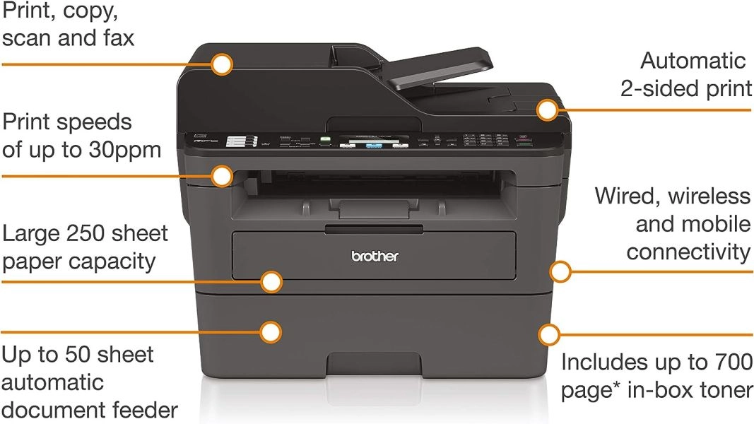 Brother MFC-L2710DW Mono Laser Printer - All-in-One, Wireless/USB 2.0, Printer/Scanner/Copier/Fax Machine, 2 Sided Printing, A4 Printer, Small Office/Home Office Printer, Dark Grey/Black