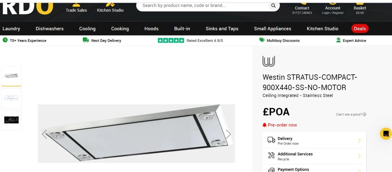 Westin Stratus compact edge - cooker extract hood - 900mm x 440mm - MI5001689 - WITH MOTOR