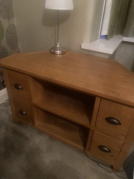 Corner TV stand and matching coffee table heavy wood storage
