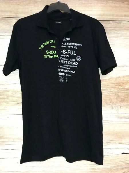 Diesel Black Polo Neck Short Sleeve T-Shirt with Word Print on Front