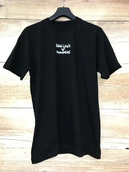 Swallows and Daggers Black Short Sleeve T-Shirt with White Worded Print on Front and Back