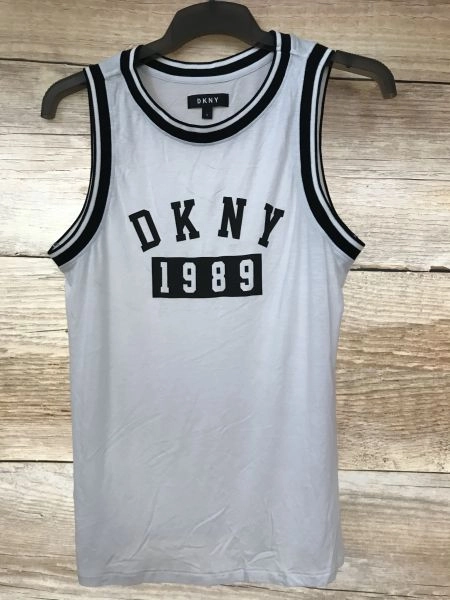 DKNY White and Black Sleeveless Vest Top with Large Print on Front