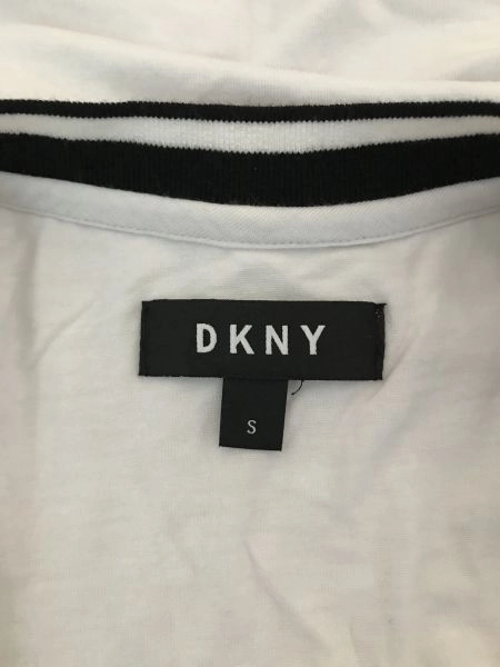 DKNY White and Black Sleeveless Vest Top with Large Print on Front