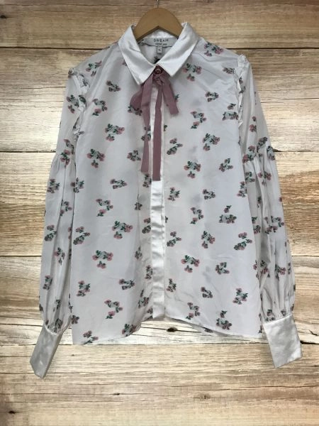 Dream Sister Jane White Long Sleeve Blouse with Sewn Floral Design and Tie Neck