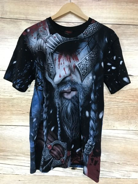 Spiral Direct Black Short Sleeve T-Shirt with Large Viking Print