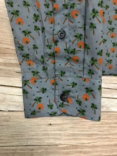Prada Blue Long Sleeve Button Up Shirt with Orange Hut Print