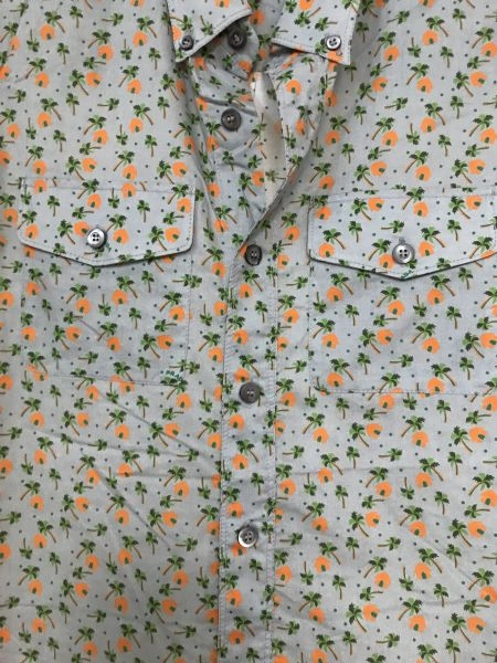 Prada Blue Long Sleeve Button Up Shirt with Orange Hut Print