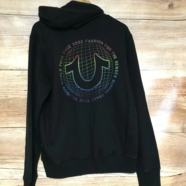 True Religion Black Long Sleeve Zip Up Hoodie with Large Multicoloured Logo on Back