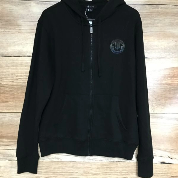 True Religion Black Long Sleeve Zip Up Hoodie with Large Multicoloured Logo on Back