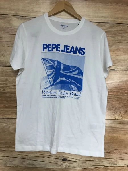 Pepe Jeans White Short Sleeve T-Shirt with Blue Printed Front