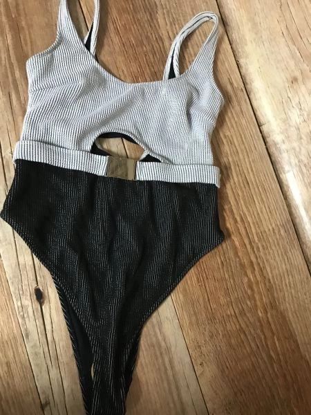 Wolf and Whistle Black and White One Piece Swimsuit with Peephole Front and Open Back