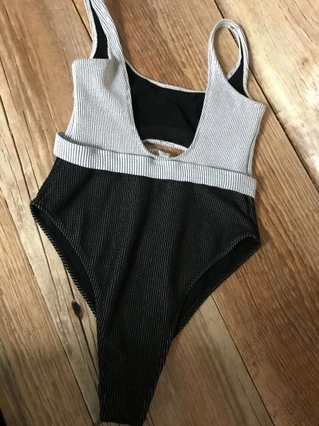 Wolf and Whistle Black and White One Piece Swimsuit with Peephole Front and Open Back